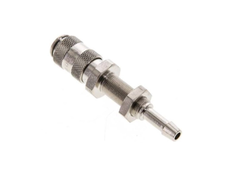 Kupplungsdose mit Schlauchtülle 4mm und Schottgewinde M 7x0,5 NW 2,7 Messing vernickelt