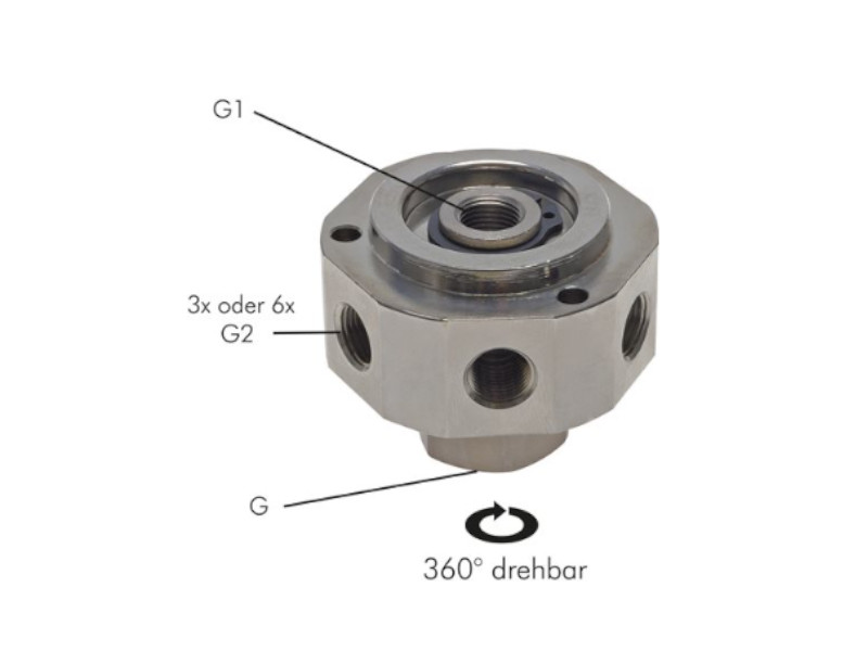Drehverteiler 6-fach IG G 3/8" - IG G 1/8" - IG G 1/8" für Druckluft