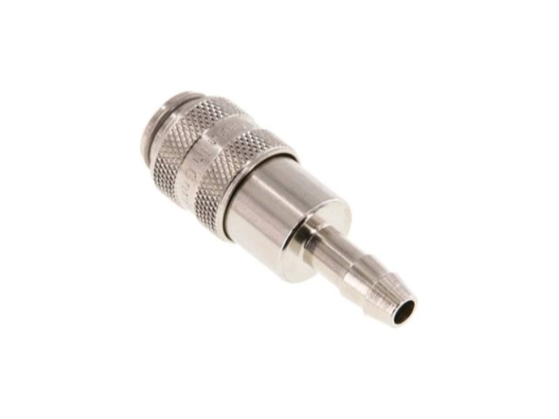 Kupplungsdose für Stecker beidseitig absperrend mit Schlauchtülle 4 mm NW 5 Messing vernickelt