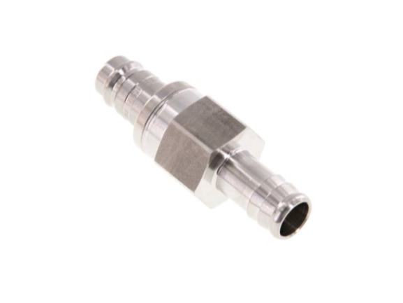 Kupplungsstecker beidseits absperrend mit Schlauchtülle 9 mm NW 10 Edelstahl 1,4404